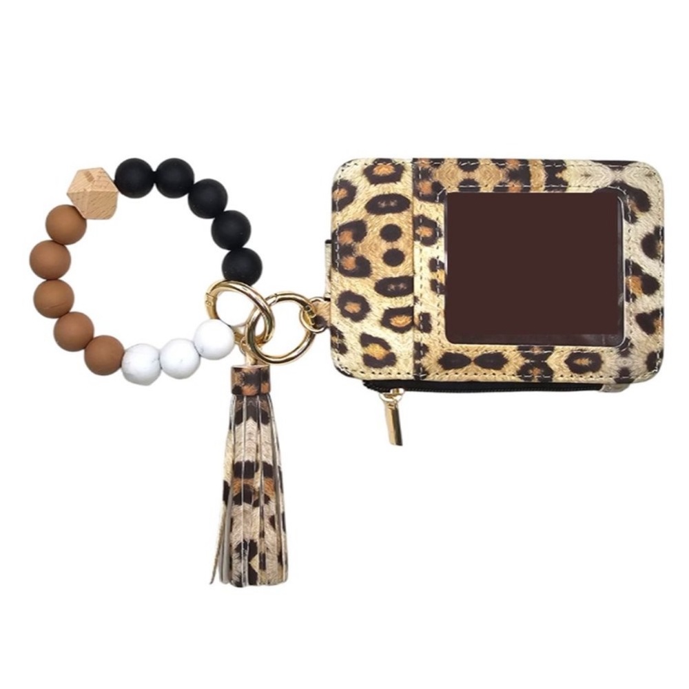 NWT leopard print silicone bead wristlet ID cardholder keychain